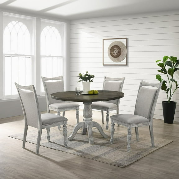 Roundhill Furniture Iris 5-Pc Dining Set Pedestal Table with 4 Chairs, Weathered White and Gray
