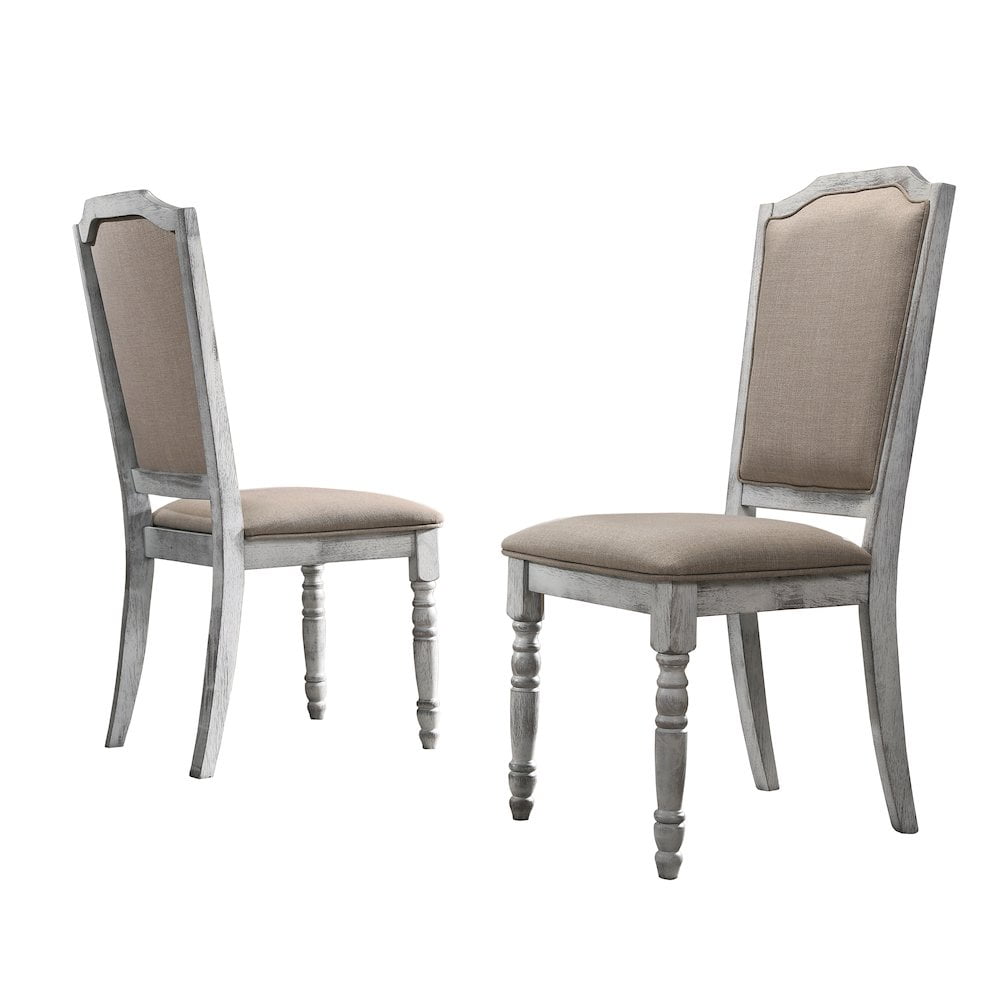 Beige Upholstered Wood Side Chair with Turned Legs, Set of 2