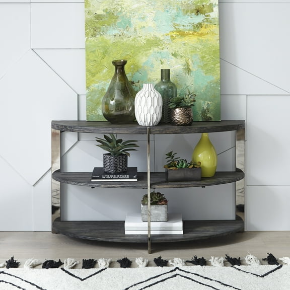 Roundhill Furniture Kalne Console Table Half Moon Shape with 2 Open Shelves, Charcoal Gray-Chrome Plated Metal