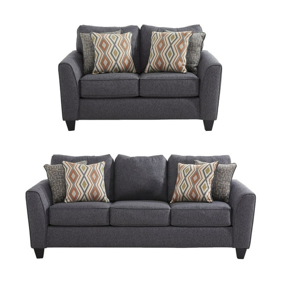Roundhill Furniture Kanta Contemporary Fabric Pillow Back Sofa and Loveseat Set, Graphite