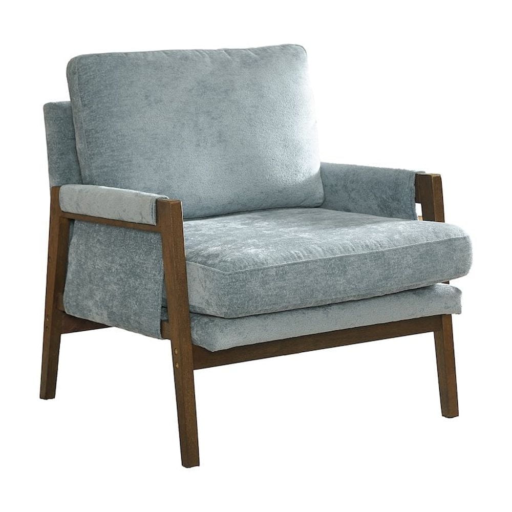 Mid-Century Modern Blue Velvet and Wood Accent Chair