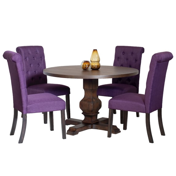 Roundhill Furniture Kerbau 5-Piece Dining Set, Pedestal Round Table with 4 Chairs, Purple