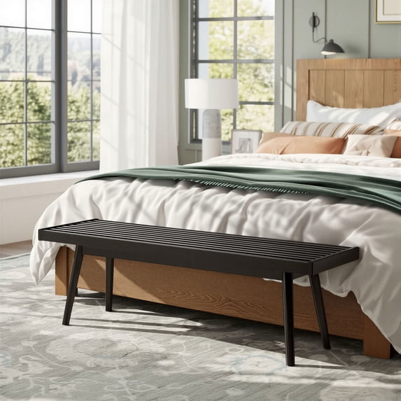 Roundhill Furniture Larwich Solid Wood Slatted Bench, 56.30-Inch Long, Espresso