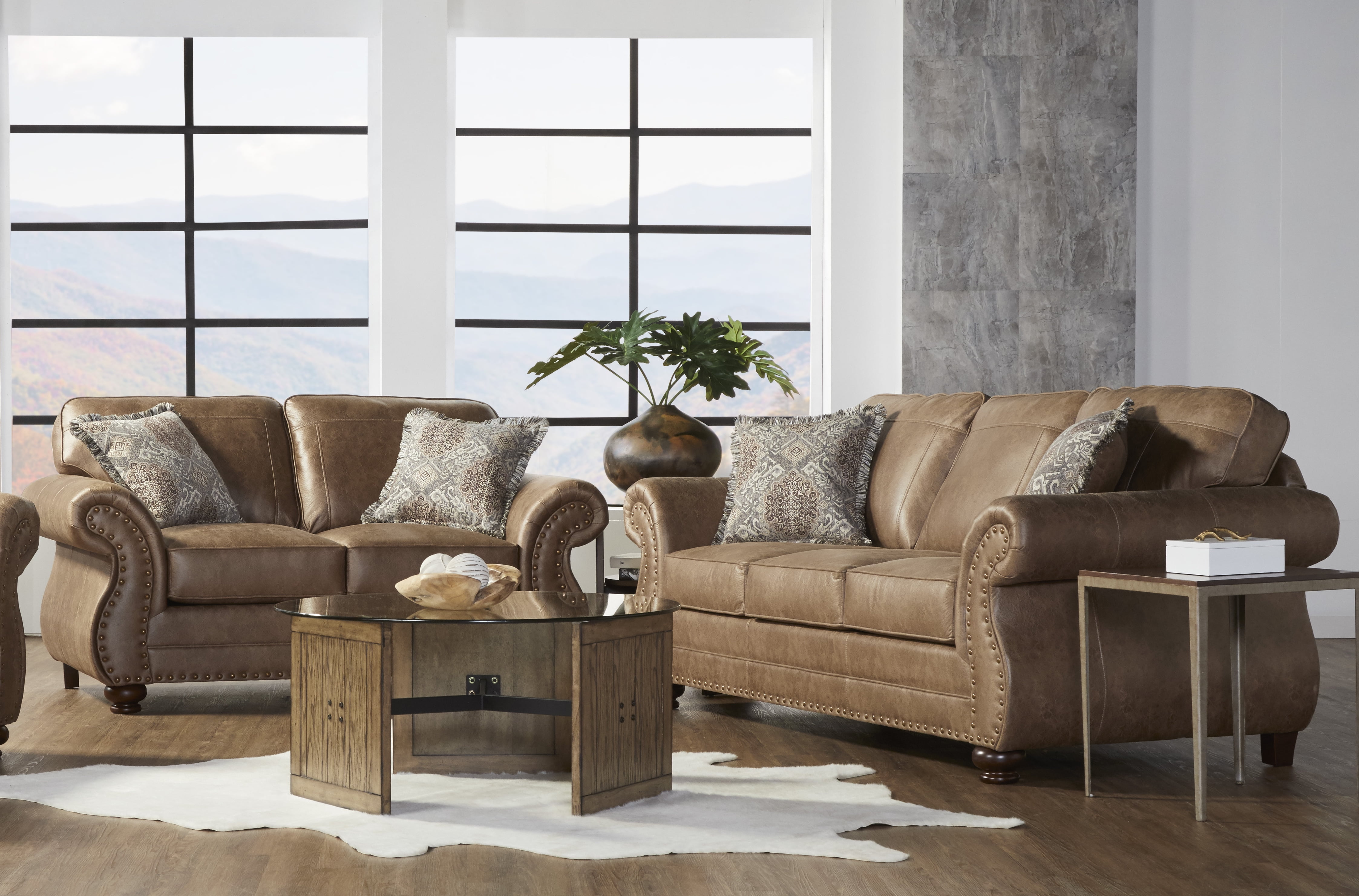 Leinster Ginger Brown Faux Leather Sofa and Loveseat Set with Nailhead Trim