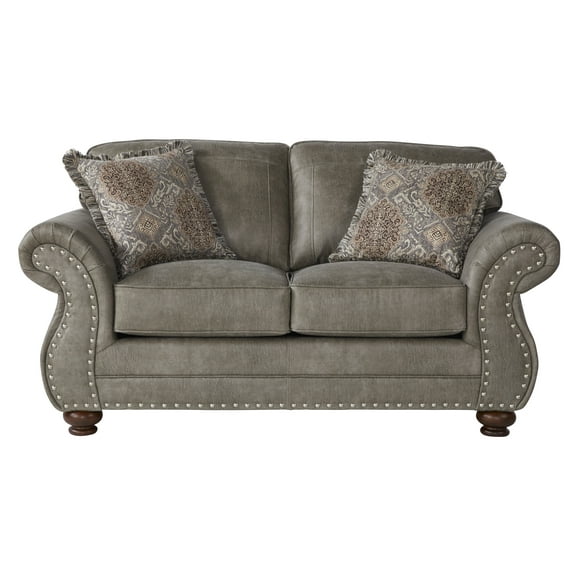 Roundhill Furniture Leinster Faux Leather Upholstered Nailhead Loveseat in Stone Gray