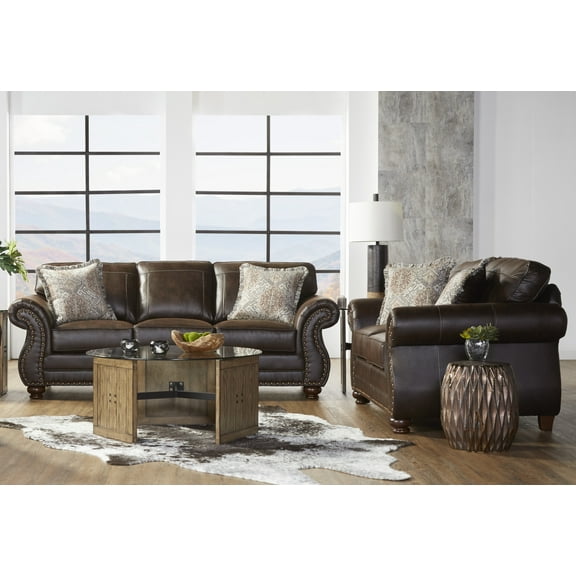 Roundhill Furniture Leinster Nailhead Faux Leather Sofa and Loveseat Set, Espresso