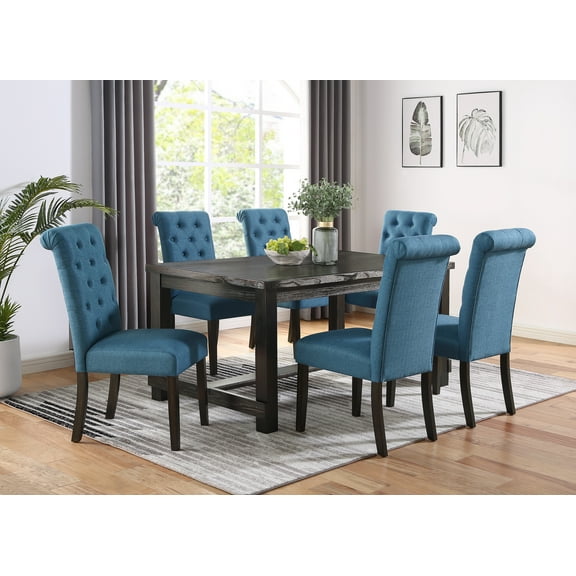 Roundhill Furniture Leviton 7-Piece Dining Set, 30’’Height Table, Up to 6 Seats, Blue