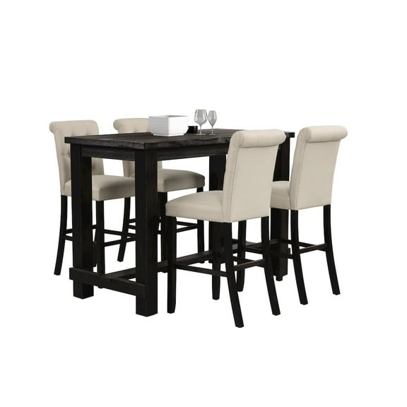 Roundhill Furniture Leviton Antique Black Finished Wood 5-Pc Pub Set, Table with 4 Bar Stools, Tan