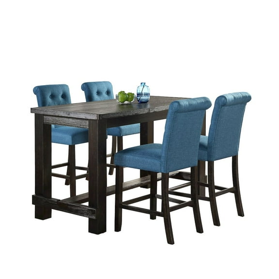 Roundhill Furniture Leviton Antique Black Finished Wood 5-Piece Counter Height Dining Set, Blue