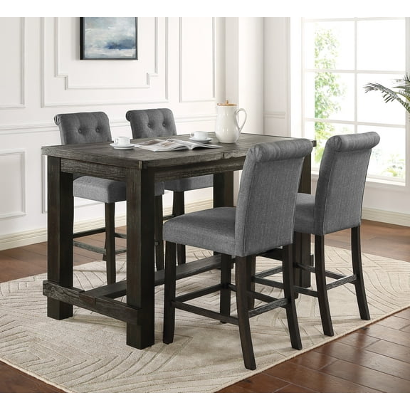 Roundhill Furniture Leviton Antique Black Finished Wood 5-Piece Counter Height Dining Set, Gray