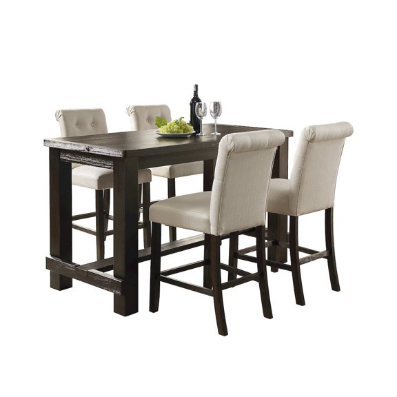 Roundhill Furniture Leviton Antique Black Finished Wood 5-Piece Counter Height Dining Set, Tan