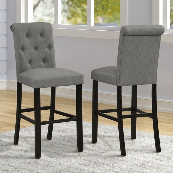 Roundhill Furniture Leviton Solid Wood Barstool, Tufted Back, Set of 2, Gray, 29.7" Seat Height