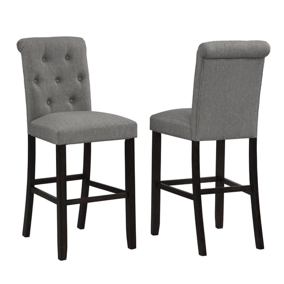 Roundhill Furniture Leviton Solid Wood Barstool, Tufted Back, Set of 2, Gray, 29.7" Seat Height