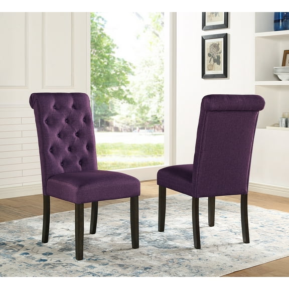 Roundhill Furniture Leviton Solid Wood Tufted Asons Dining Chair (Set of 2), Purple