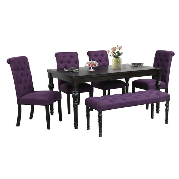 Roundhill Furniture Leviton Urban Style Dark Wash Wood Dining Set Table, 4 Chairs and Bench, Purple