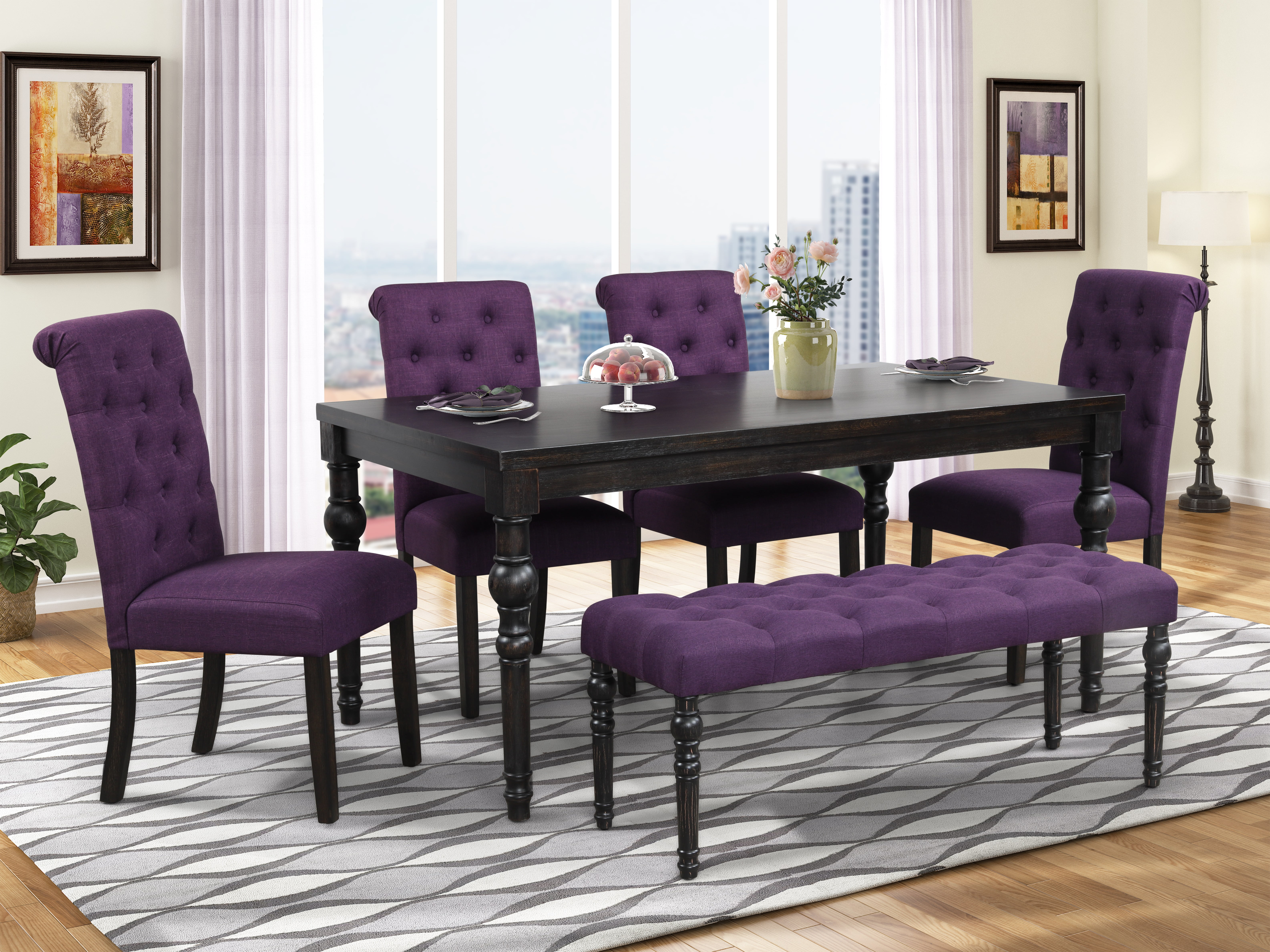 Roundhill Furniture Leviton Urban Style Dining Set 30 Height Table with 4 Chairs and Bench Purple
