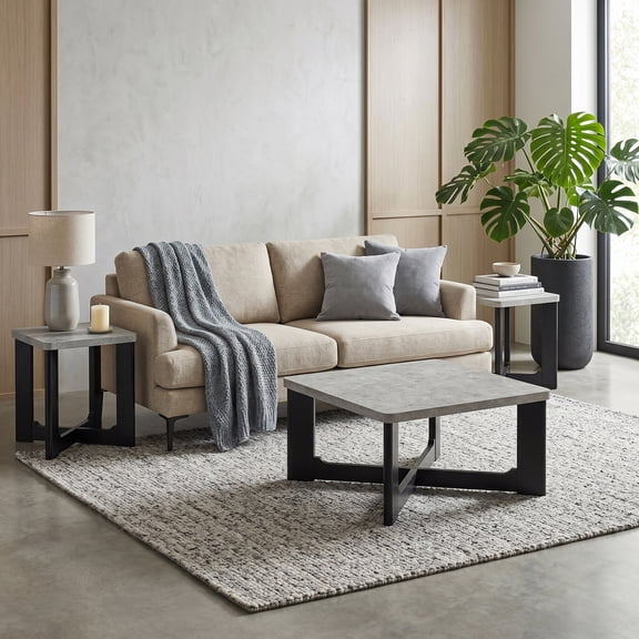 Roundhill Furniture Levitus Modern 3-Piece Square Coffee Table Set, Faux Concrete Tabletop with Black Wood Grain Finish