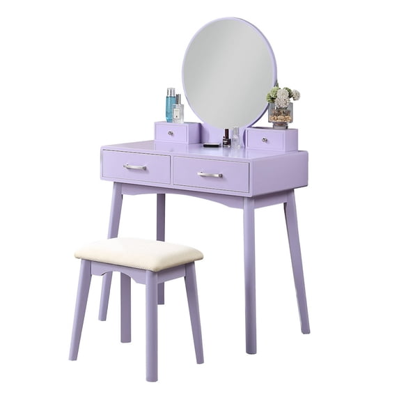 Roundhill Furniture Liannon Vanity and Stool Set, 3 Piece, Modern, Plush Seating, Purple