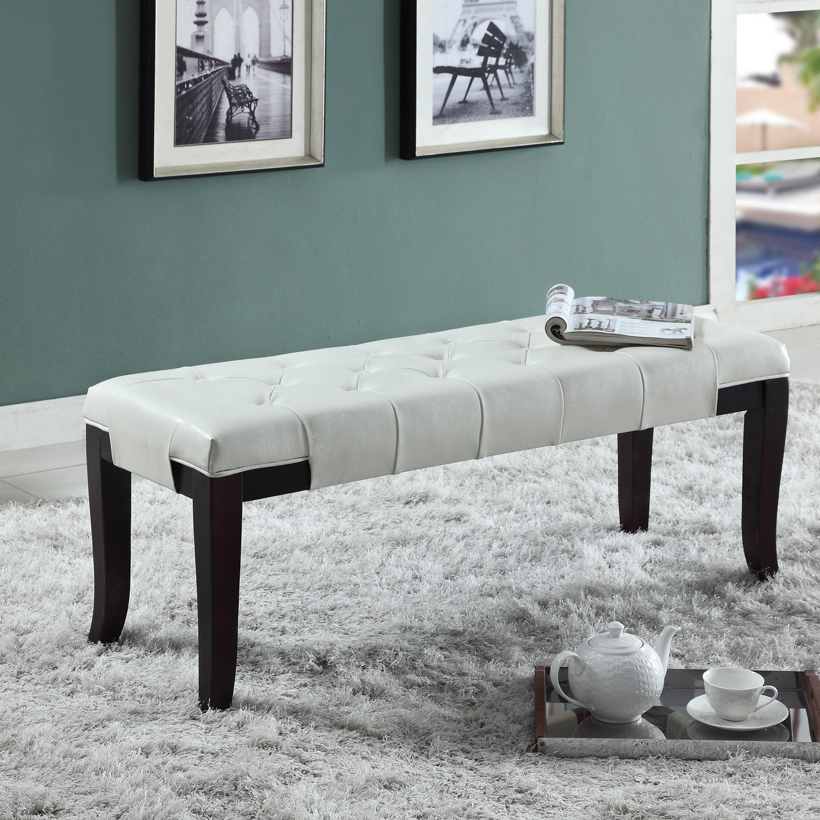 White Faux Leather Tufted Bench with Espresso Wood Frame