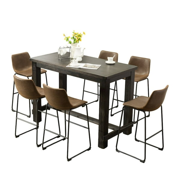 Roundhill Furniture 7-Piece Bar Height Antique Black Wood Dining Table, 6 Brown Faux Leather Chairs
