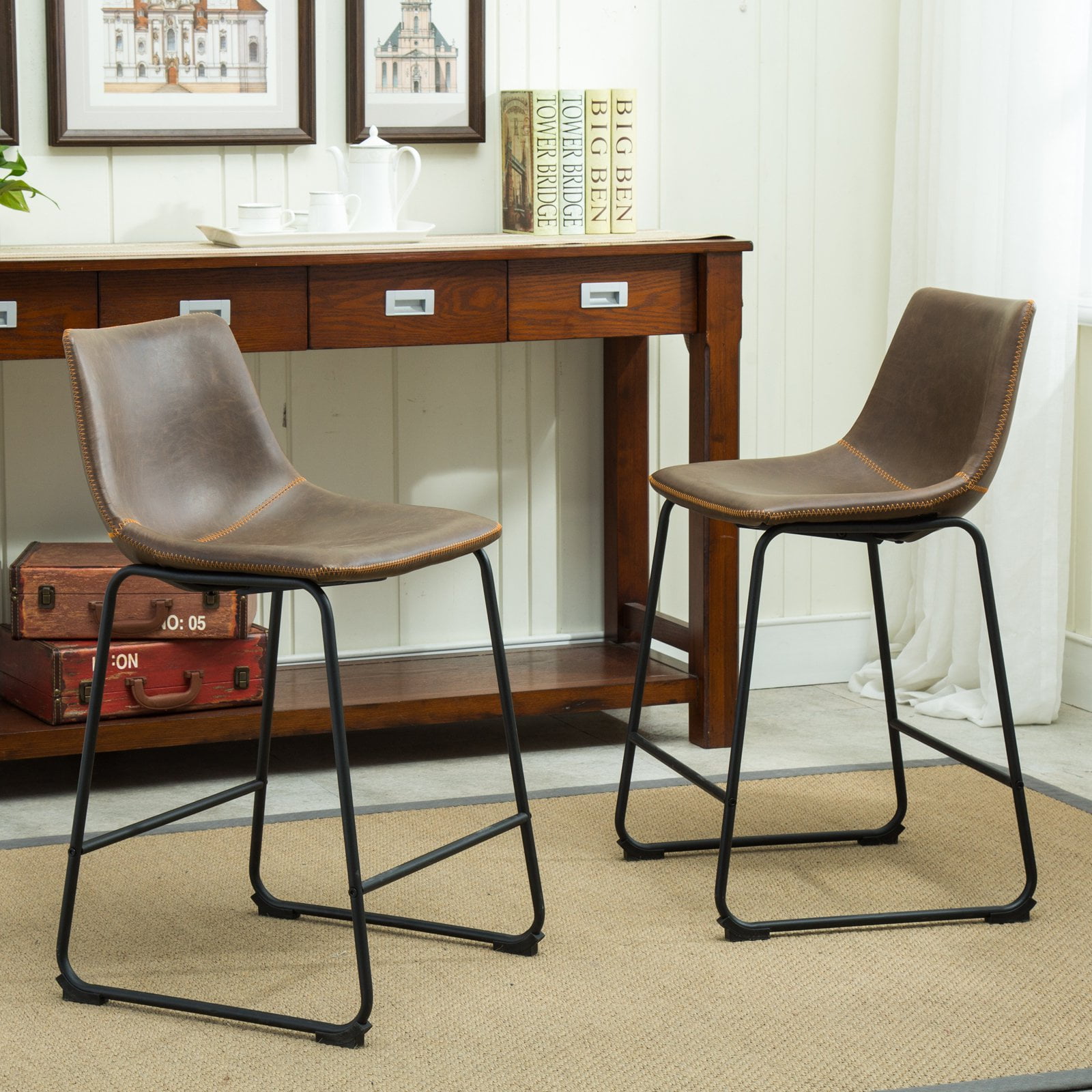 Antique Brown Leather and Metal Counter Height Stools, Set of 2