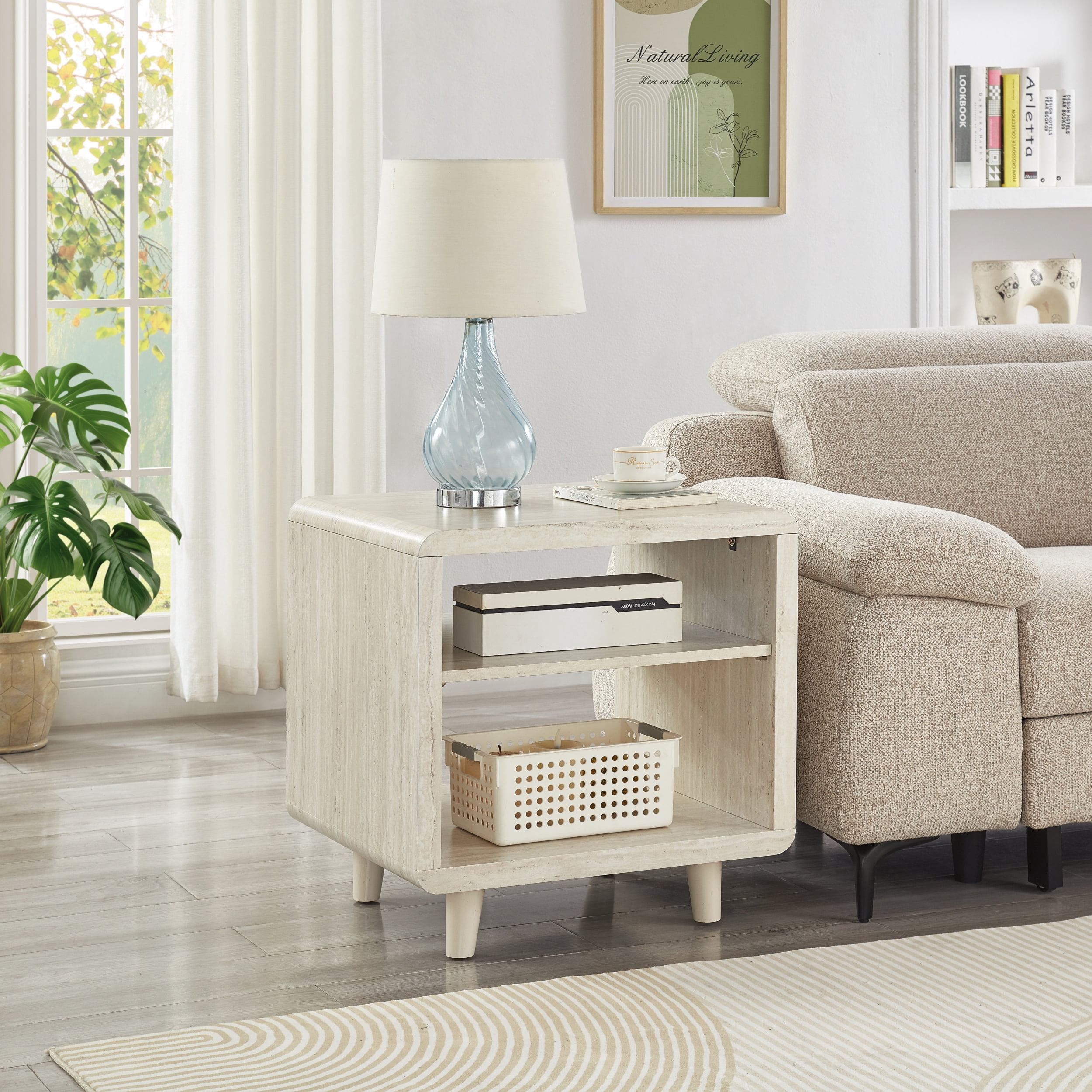 Roundhill Furniture Lux Modern Wood Shelf Side Table, Bedside Nightstand, Beige