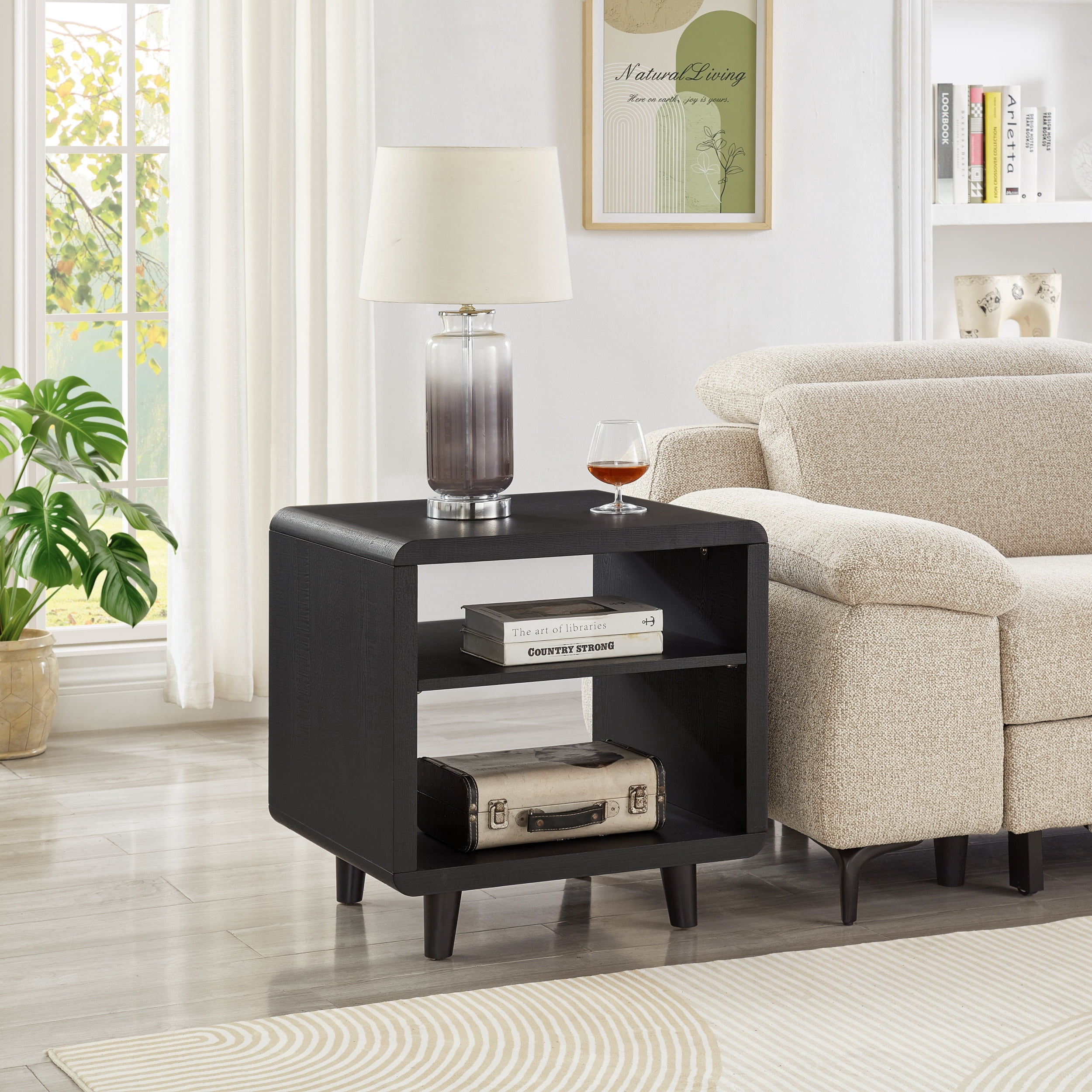 Roundhill Furniture Lux Modern Wood Shelf Side Table, Bedside Nightstand, Black