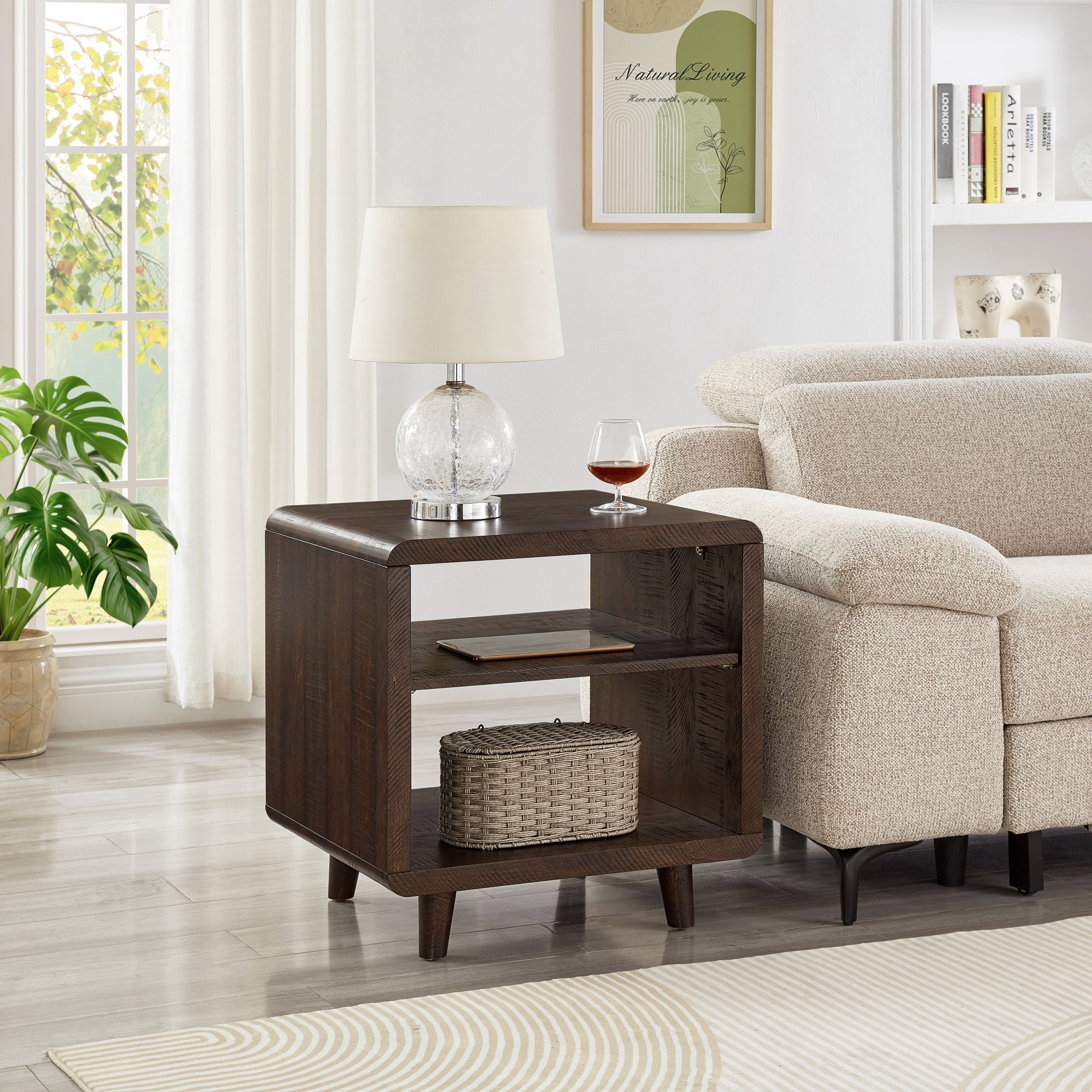 Roundhill Furniture Lux Modern Wood Shelf Side Table, Bedside Nightstand, Brown