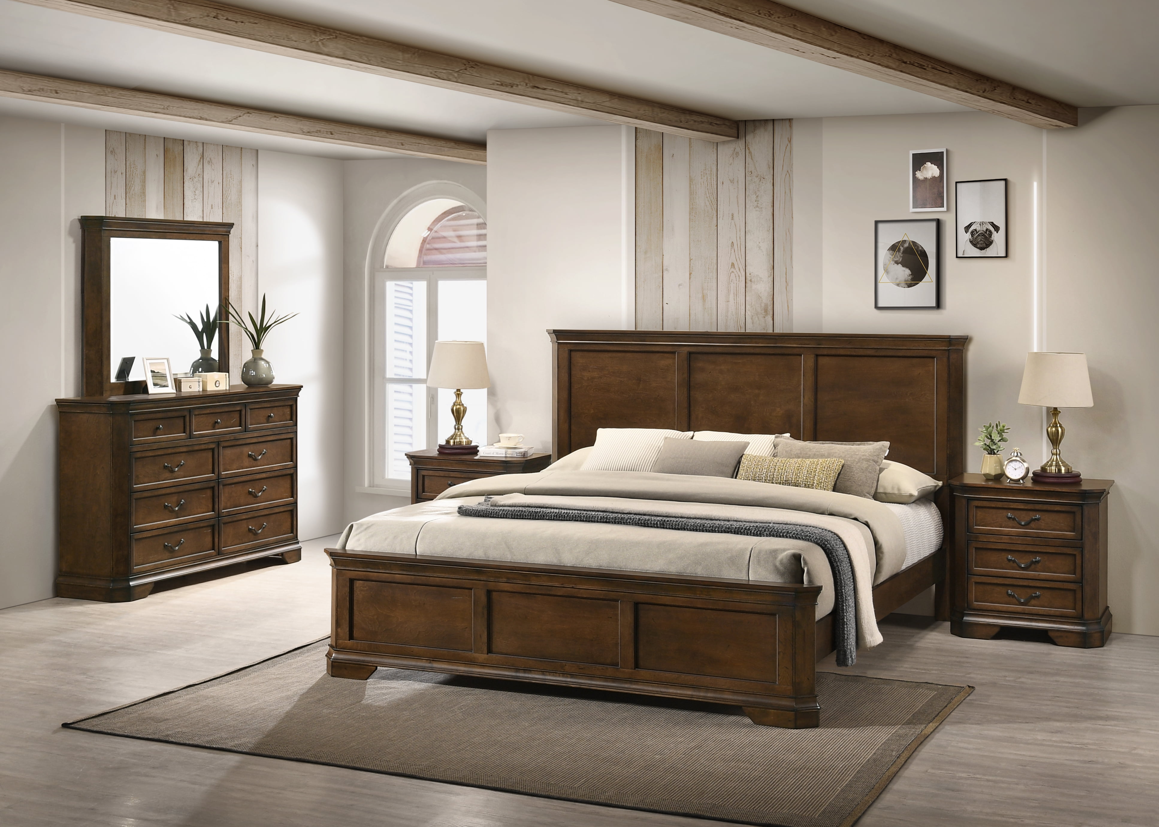 ZUN Maderne Traditional Wood Panel Bed with Dresser Mirror Two Nightstands King Size T2574P204889