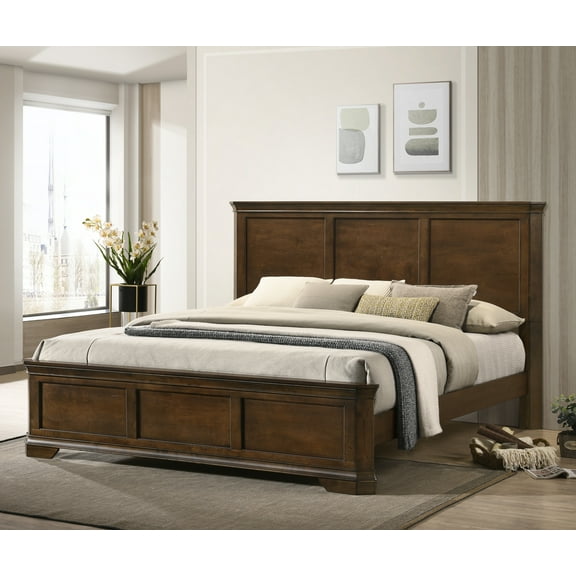 Roundhill Furniture Maderne Traditional Wood Panel Bed, King Size, Antique Walnut Finish