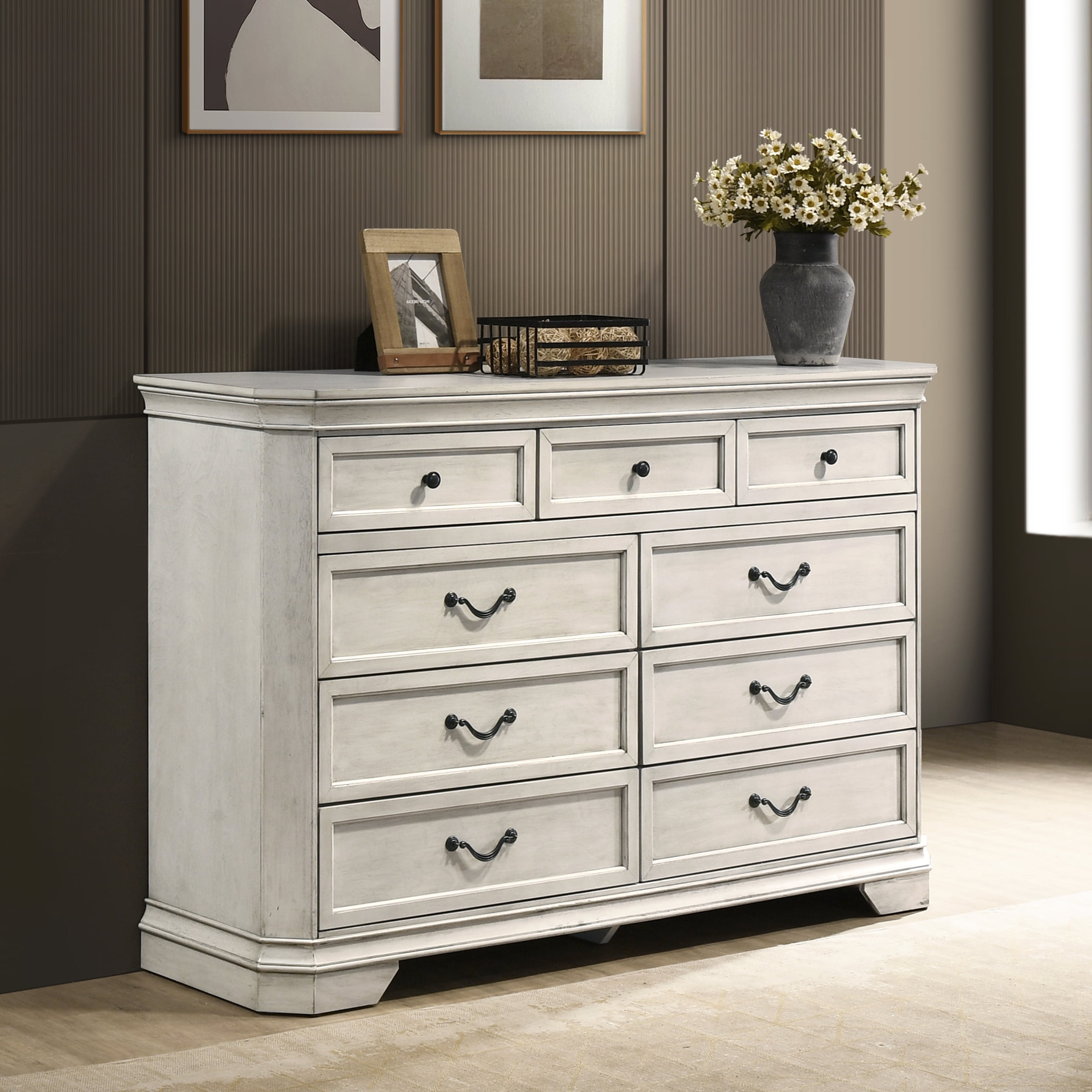 Roundhill Furniture Maderne Wood 7-Drawer Dresser, Antique White Finish