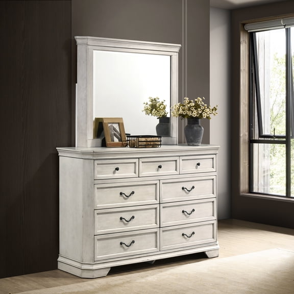 Roundhill Furniture Maderne Wood 7-Drawer Dresser with Mirror, Antique White Finish