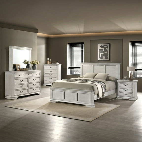 Roundhill Furniture Maderne Wood Panel Bed with Dresser, Mirror, Nightstand, Chest, Queen, Antique White Finish