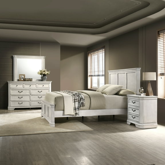Roundhill Furniture Maderne Wood Panel Bed with Dresser, Mirror, Nightstand, Queen, Antique White Finish