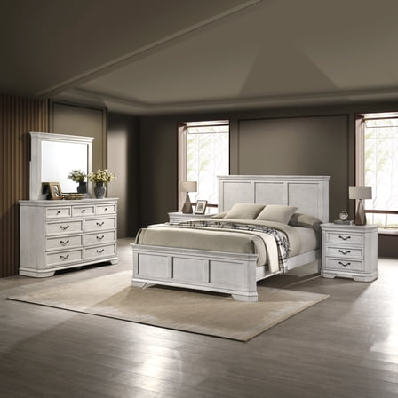 Roundhill Furniture Maderne Wood Panel Bed with Dresser, Mirror, Two Nightstands, King, Antique White Finish