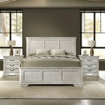 Roundhill Furniture Maderne Wood Panel Bed with Two Nightstand, King, Antique White Finish