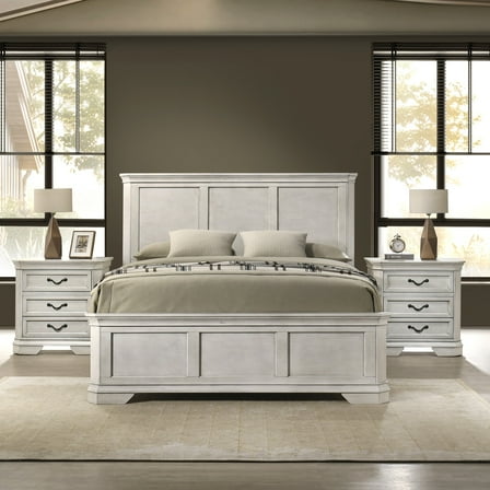 Roundhill Furniture Maderne Wood Panel Bed with Two Nightstand, King, Antique White Finish
