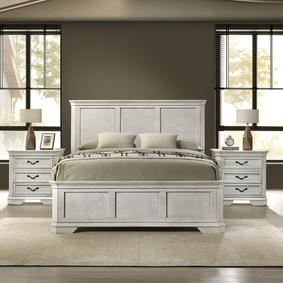 Roundhill Furniture Maderne Wood Panel Bed with Two Nightstand, King, Antique White Finish