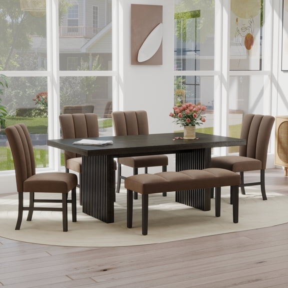 Roundhill Furniture Madison 5-Piece Dining Set, Slat-Fluted Dining Table with 4 Chairs and a Bench, Chocolate