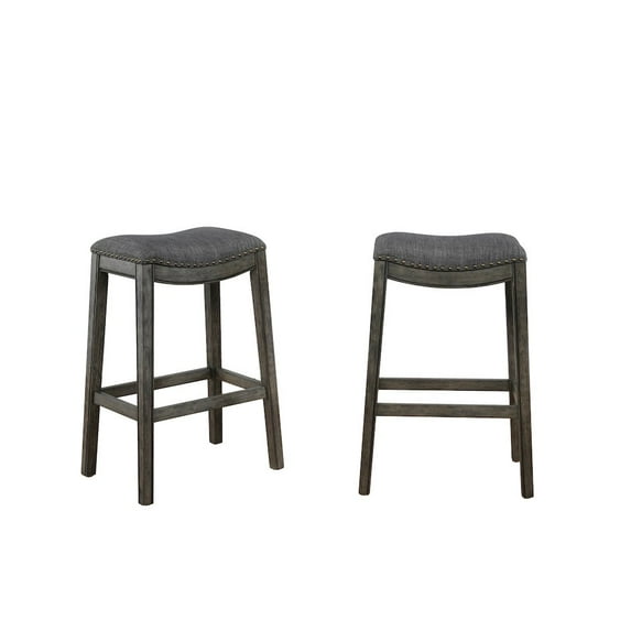 Roundhill Furniture Maroni Whitewash Finish Fabric Nailheaded Saddle Barstool in Gray, Set of 2