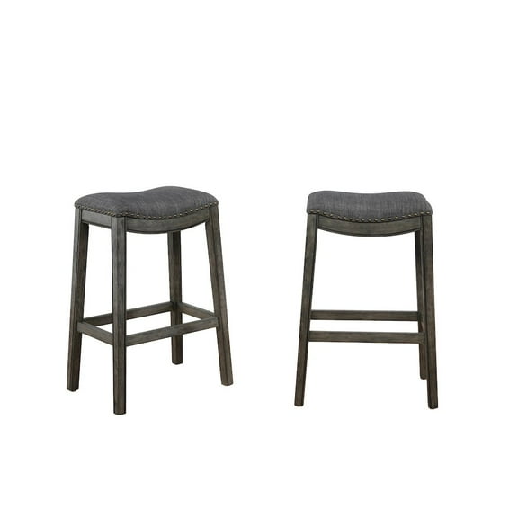 Roundhill Furniture Maroni Whitewash Finish Fabric Nailheaded Saddle Barstool in Gray, Set of 2