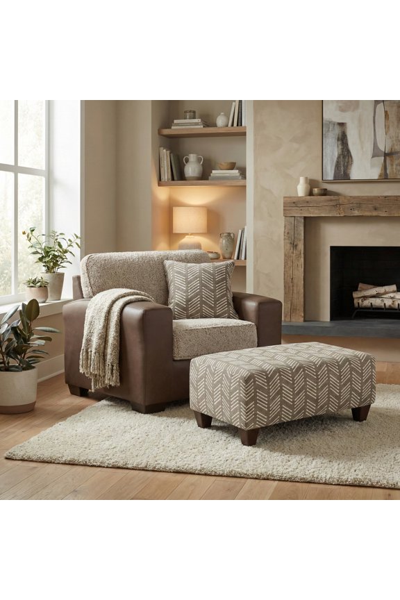 Marvella 2-Piece Living Room Set, Chair and Ottoman, Chocolate Faux Leather Upholstery and Curly Shearling Cushion