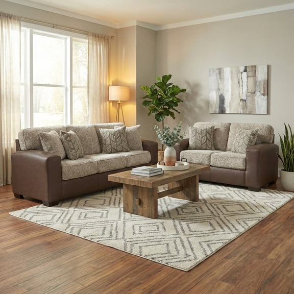 Roundhill Furniture Marvella 2-Piece Living Room Sofa and Loveseat Set, Chocolate Faux Leather Upholstery and Curly Shearling Cushions