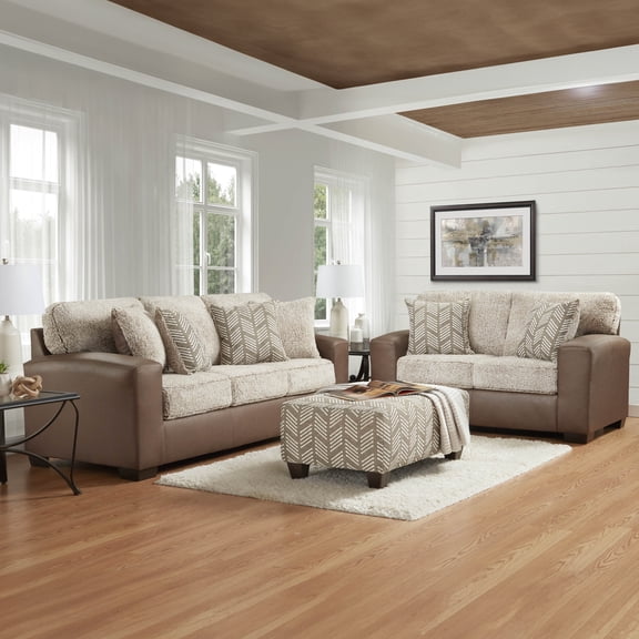 Roundhill Furniture Marvella 3-Piece Living Room Sofa, Loveseat, and Ottoman Set, Chocolate Faux Leather Upholstery and Curly Shearling Cushions