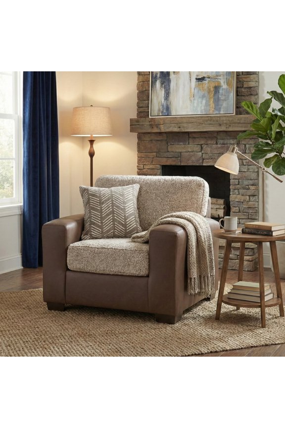 Marvella Living Room Chair with Chocolate Faux Leather Upholstery and Curly Shearling Cushions