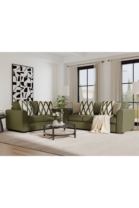 Marvella Living Room Sofa and Loveseat Set with Mosswood Chenille Upholstery and Textured Accent Pillows