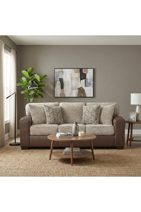 Marvella Living Room Sofa with Chocolate Faux Leather Upholstery and Curly Shearling Cushions