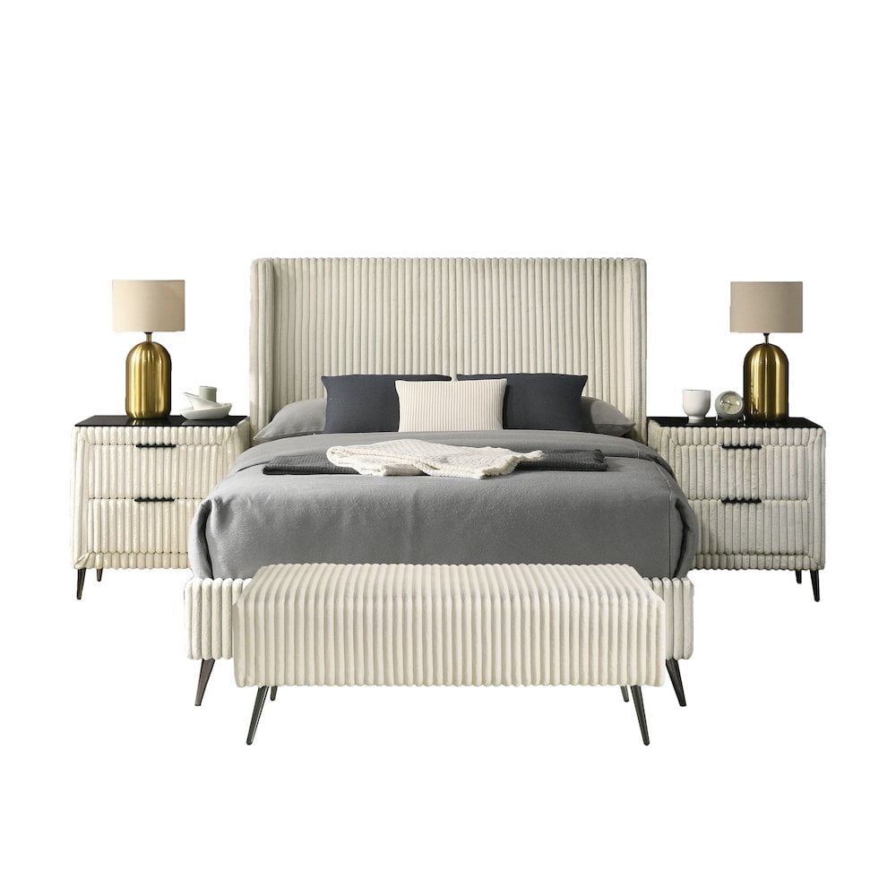 Cream Wide-Wale Corduroy Upholstered Queen Bed Set with Nightstands and Bench