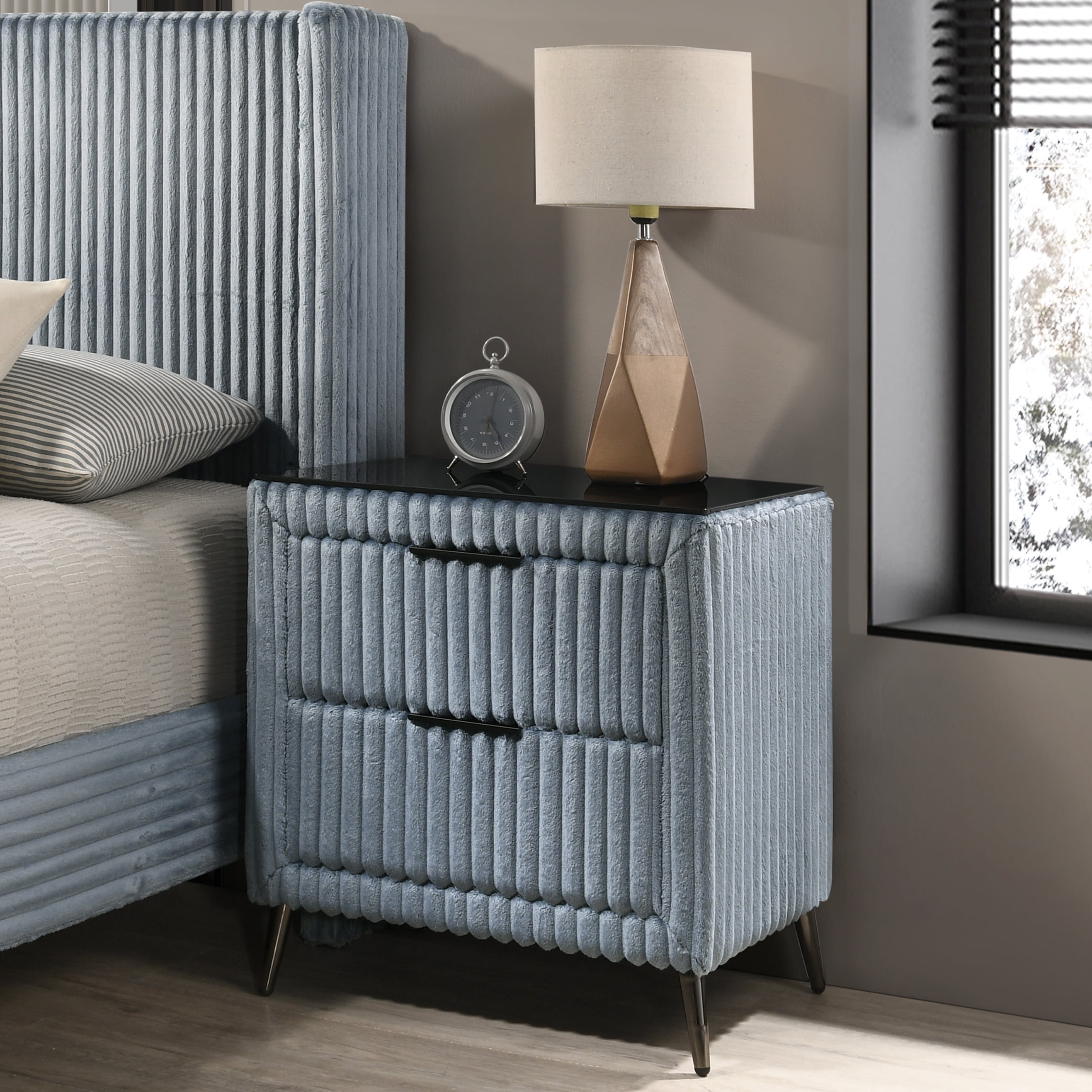 Roundhill Furniture Mavela Wide Wale Corduroy Upholstery Nightstand, Blue