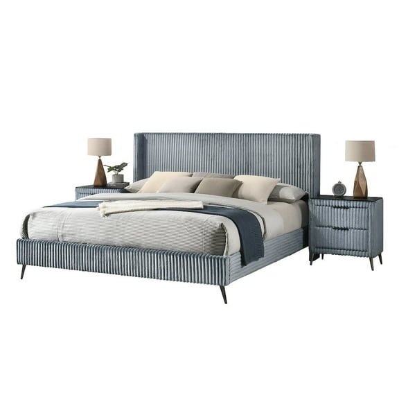 Roundhill Furniture Mavela Wide Wale Corduroy Upholstery Panel King Bed with 2 Nightstands, Blue